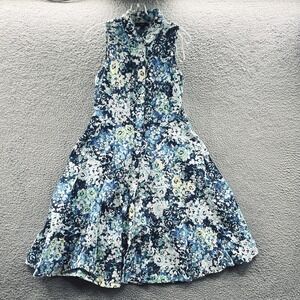 R&K Womens Floral Shirt Dress Size 10 Blue Green Button Front Fit Flare Cotton‎